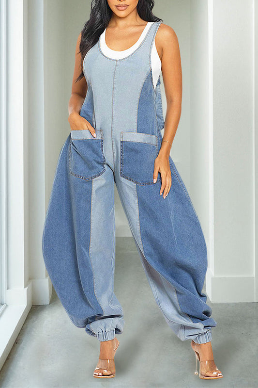 Casual Two Tone Denim Sleeveless Jumpsuit