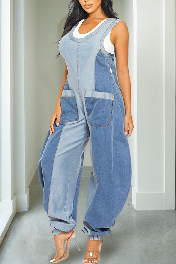 Casual Two Tone Denim Sleeveless Jumpsuit