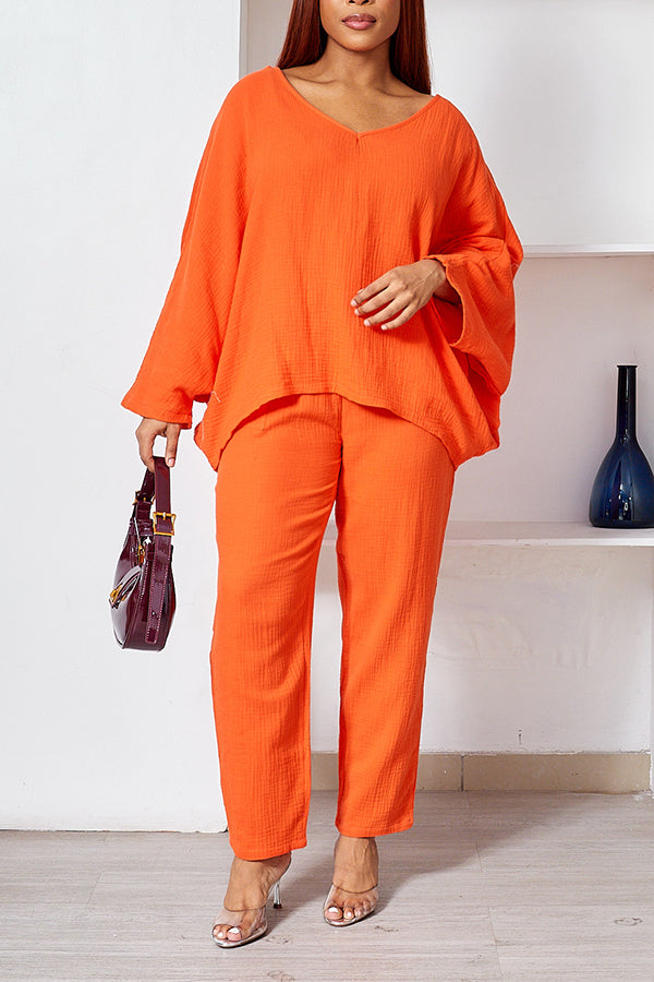 Casual V Neck Batwing Sleeve Top & Pants Set