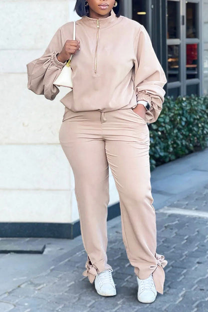 Casual Half Zip Top & Knotted Hem Pants Set