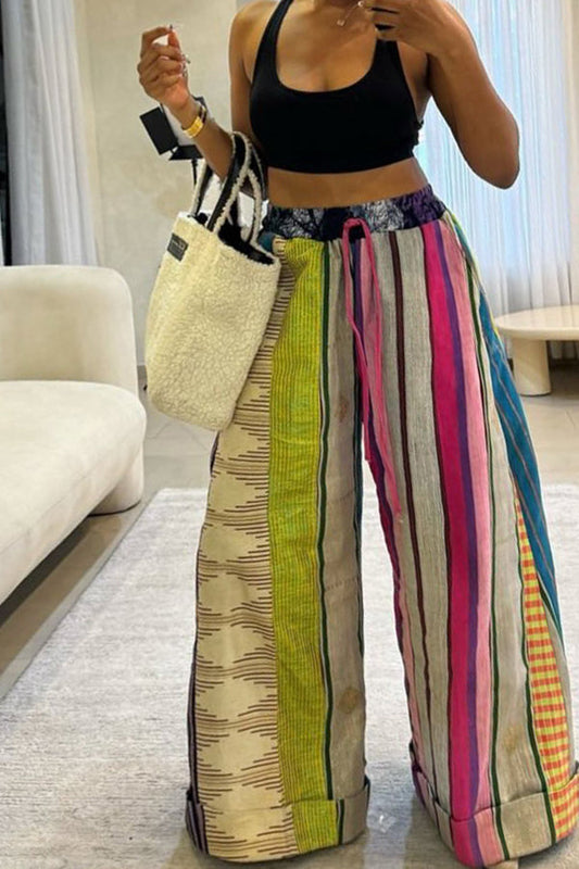 Print Drawstring Waist Wide Leg Pants