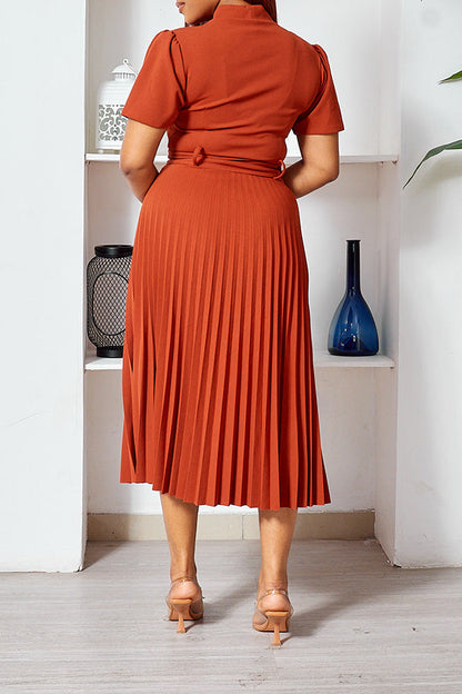 Elegant V Neck Belted Pleated Dress