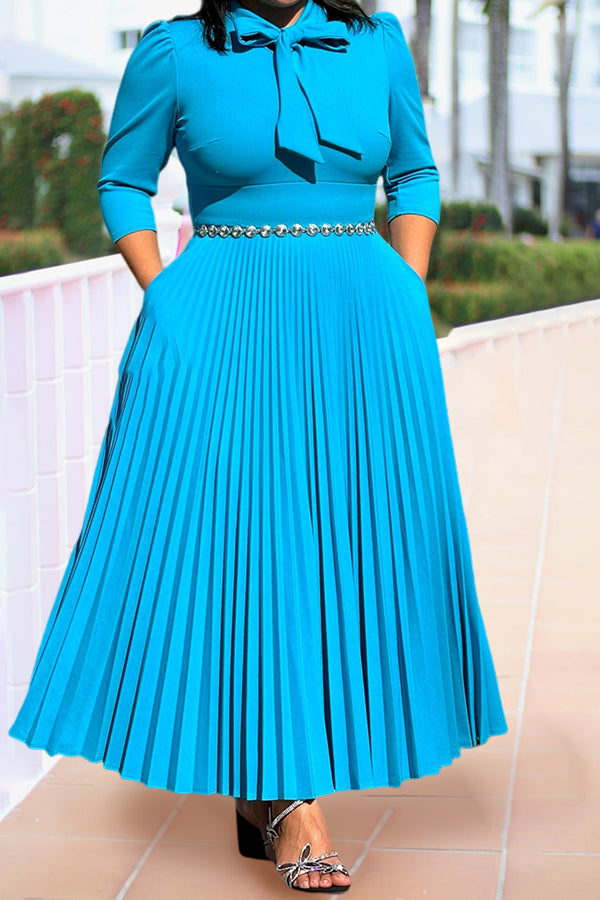 Classy Tie Neck Pleated A-line Dress