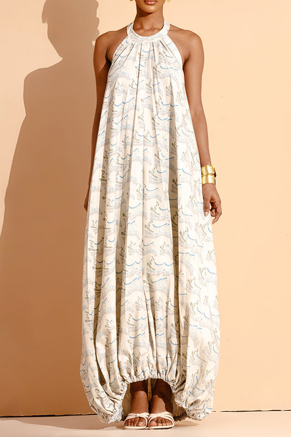 Chic Letter Print Halter Gathered Hem Dress