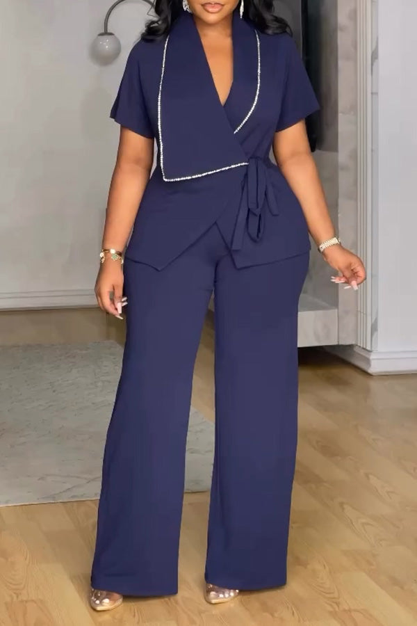 Elegant Lapel Wrap Top & Wide Leg Pants Set