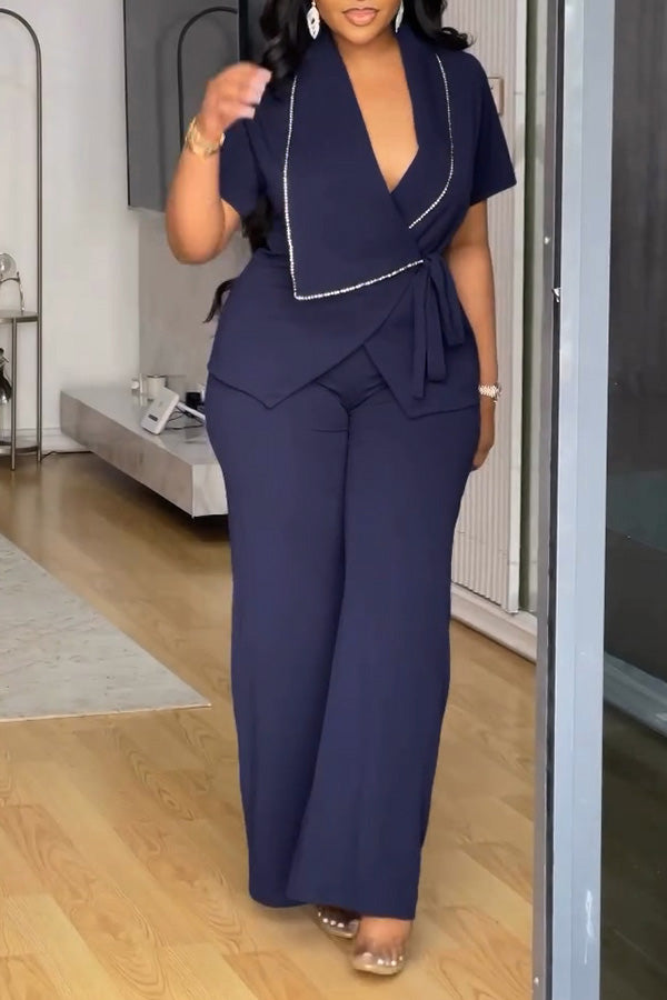 Elegant Lapel Wrap Top & Wide Leg Pants Set