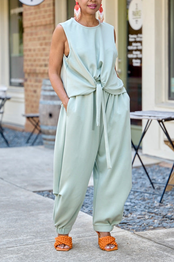 Casual Sleeveless Tie Front Top & Jogger Set