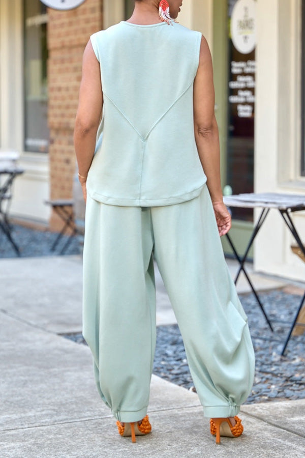 Casual Sleeveless Tie Front Top & Jogger Set