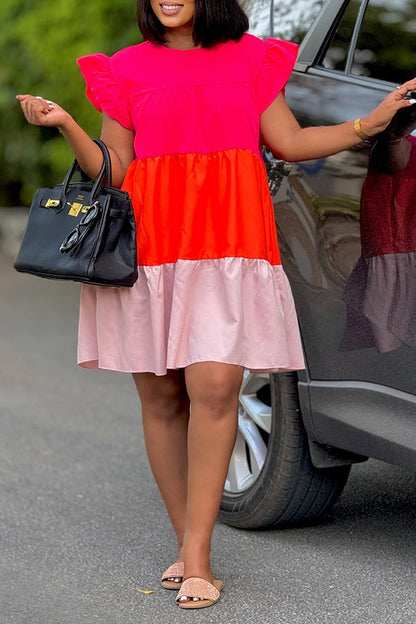 Color Block Ruffle Sleeve Smock Dress