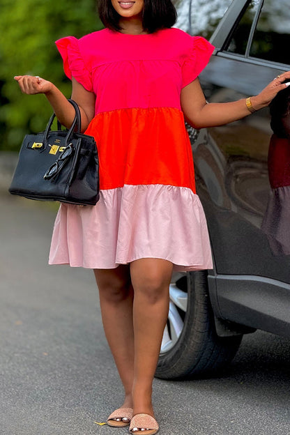 Color Block Ruffle Sleeve Smock Dress