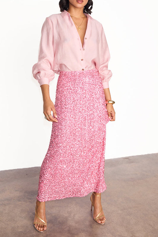 Gorgeous Button Down Shirt & Sequin Maxi Skirt Set