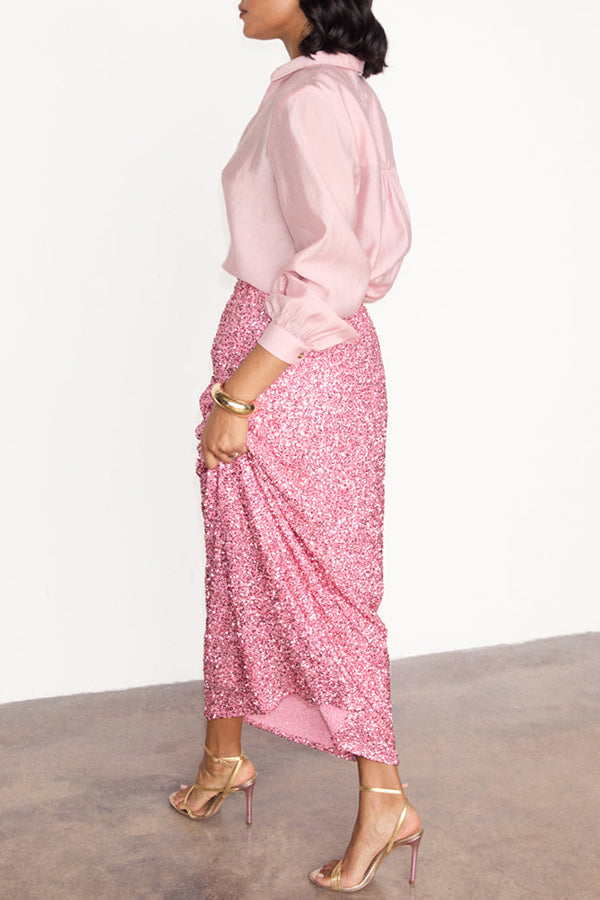 Gorgeous Button Down Shirt & Sequin Maxi Skirt Set