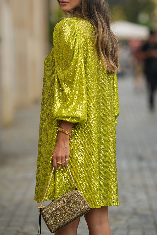 Charming Sequin Lantern Sleeve Mini Dress