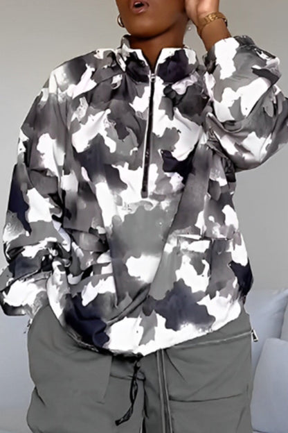 Casual Camo Print Half Zip Drawstring Sweatshirt