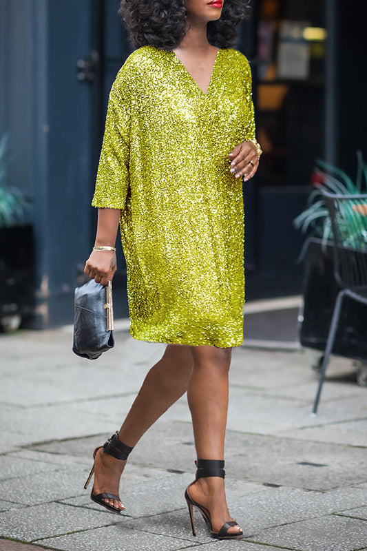 Stylish Glittery V-Neck Sequin Dress