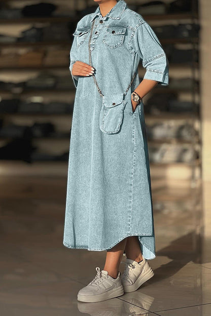 Half Sleeve Dual Flap Pocket Denim Dress