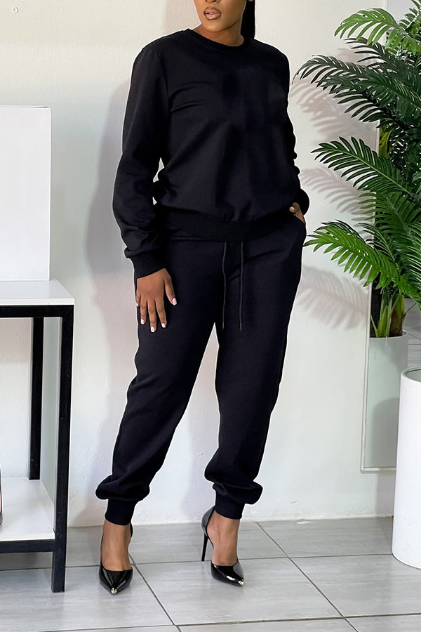 Casual Solid Sweatshirt & Drawstring Pants Set