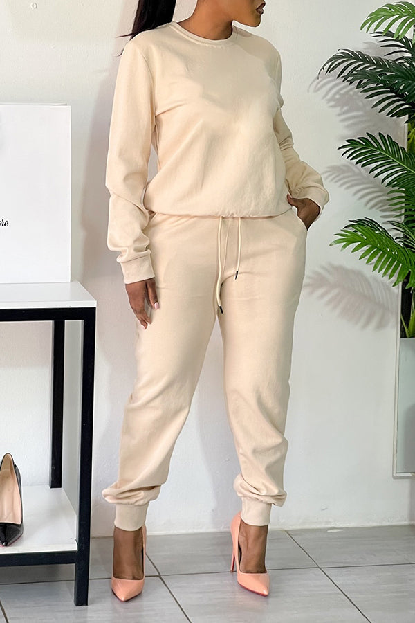 Casual Solid Sweatshirt & Drawstring Pants Set