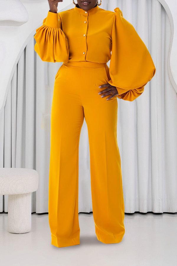 Stylish Balloon Sleeves Blouse & Pants Set