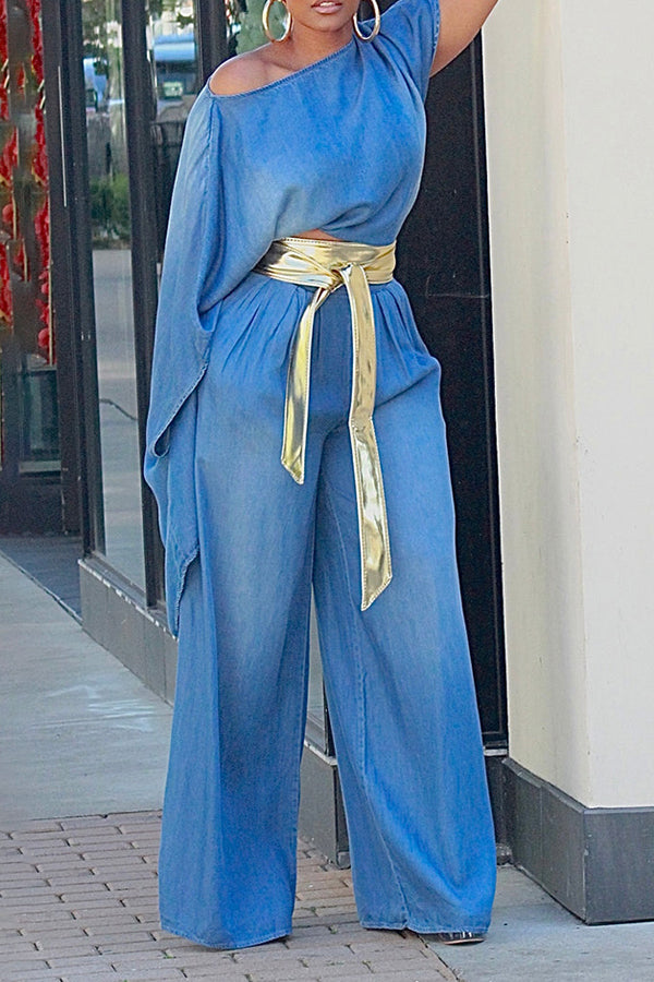 Unique Denim Asymmetric Top & Palazzo Pants Set