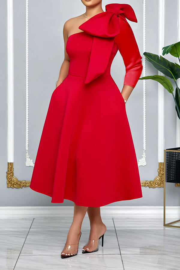 Stunning Bow Shoulder One Sleeve A-line Dress