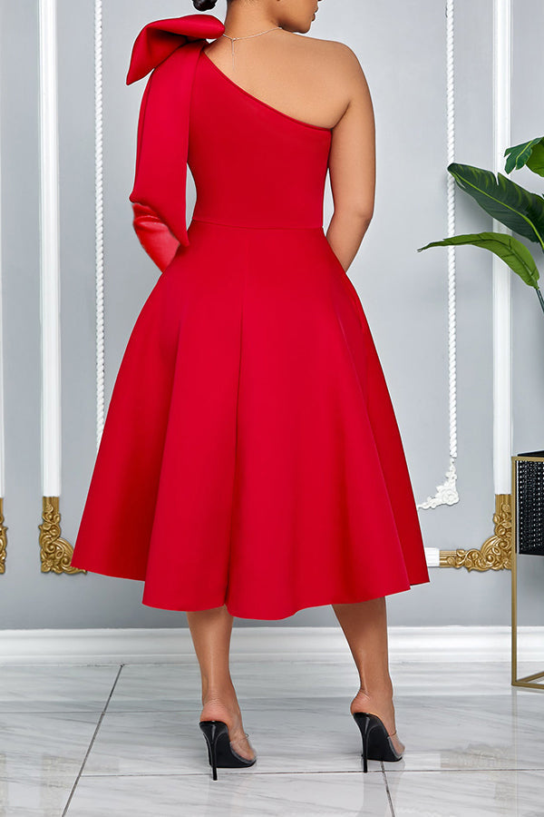 Stunning Bow Shoulder One Sleeve A-line Dress