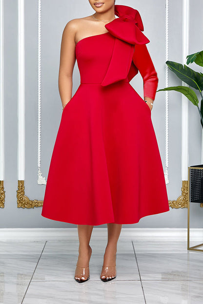 Stunning Bow Shoulder One Sleeve A-line Dress