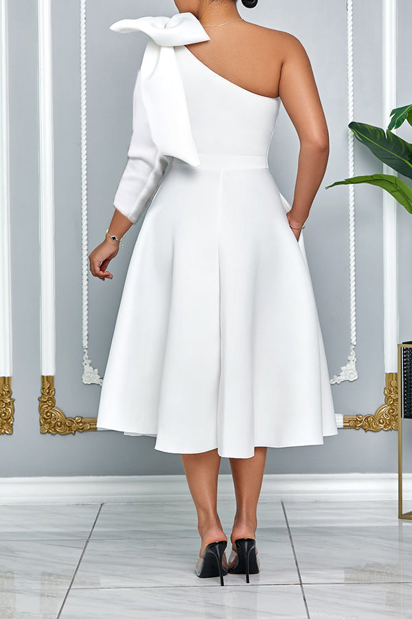 Stunning Bow Shoulder One Sleeve A-line Dress