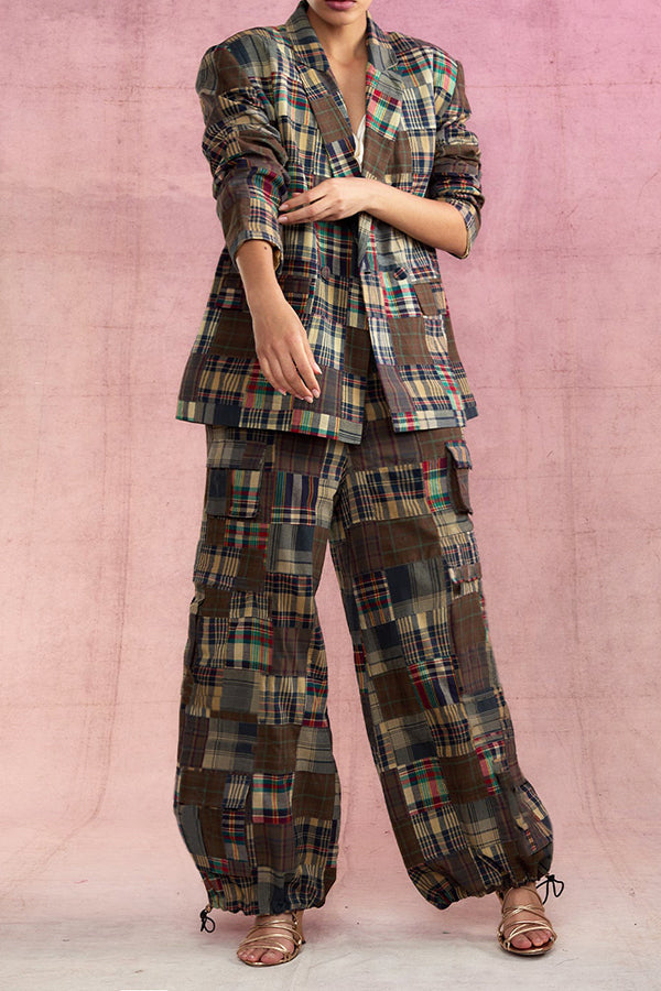 Plaid Blazer & Drawstring Cargo Pants Set