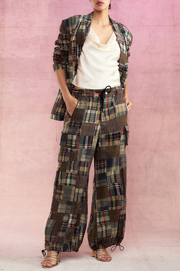 Plaid Blazer & Drawstring Cargo Pants Set