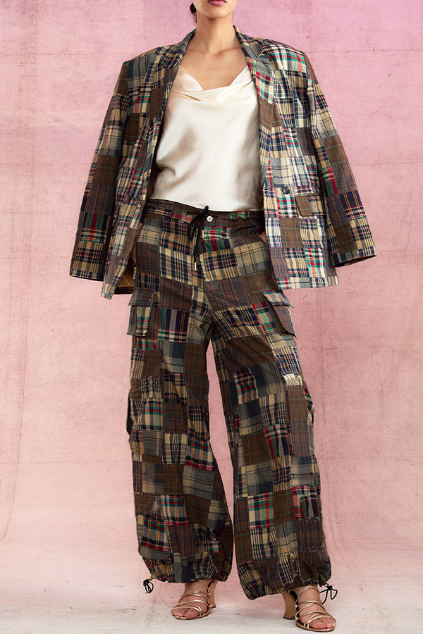 Plaid Blazer & Drawstring Cargo Pants Set