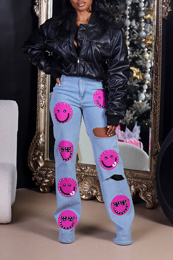 Stylish Smiley High Waist Ripped Jeans