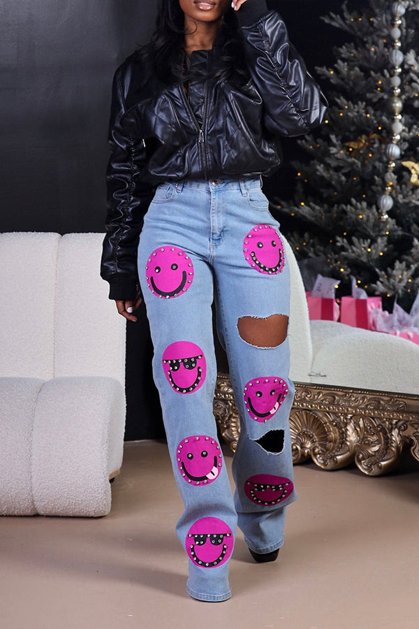 Stylish Smiley High Waist Ripped Jeans