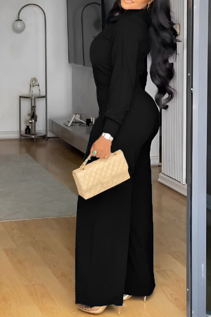 Stylish Long Sleeve Front Button Wide Leg Jumpsuit