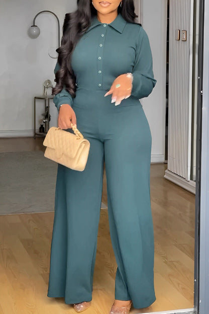 Stylish Long Sleeve Front Button Wide Leg Jumpsuit