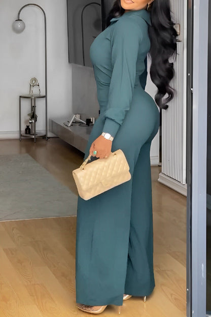 Stylish Long Sleeve Front Button Wide Leg Jumpsuit