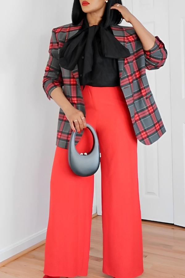 Chic Plaid Blazer & High Waist Palazzo Pants Set