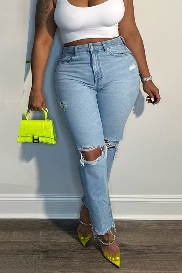 Stylish Ripped High Waist Raw Trim Jeans