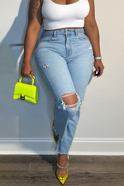 Stylish Ripped High Waist Raw Trim Jeans