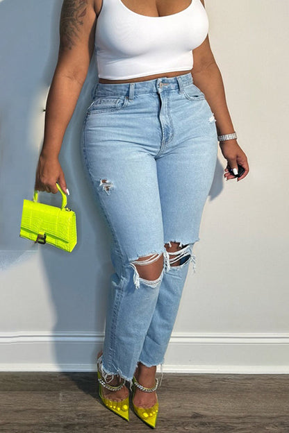 Stylish Ripped High Waist Raw Trim Jeans