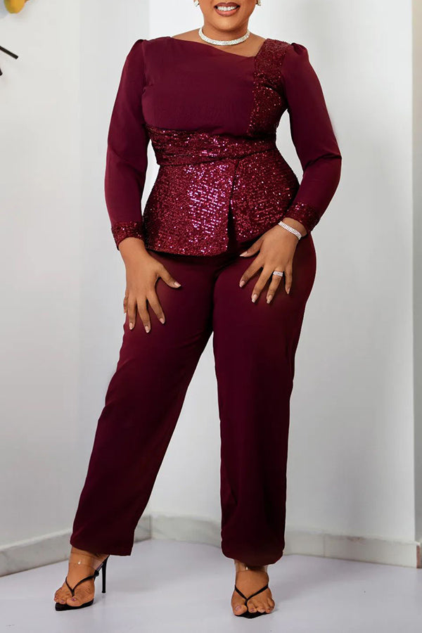 Stylish Sequin Patchwork Blouse & Pants Set