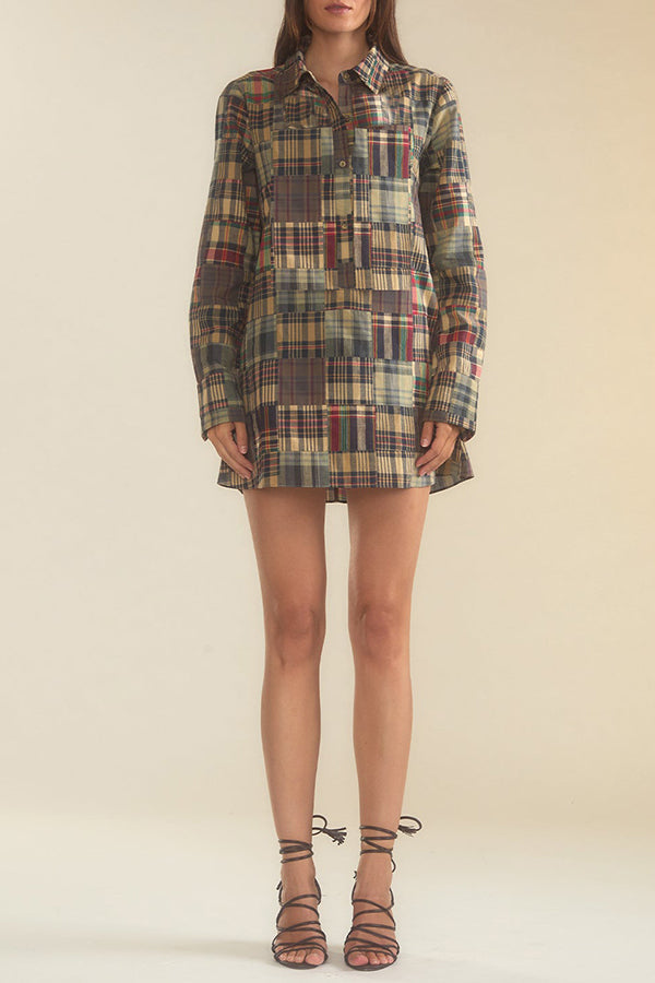 Stylish Plaid Print Buttons Shirt Dress