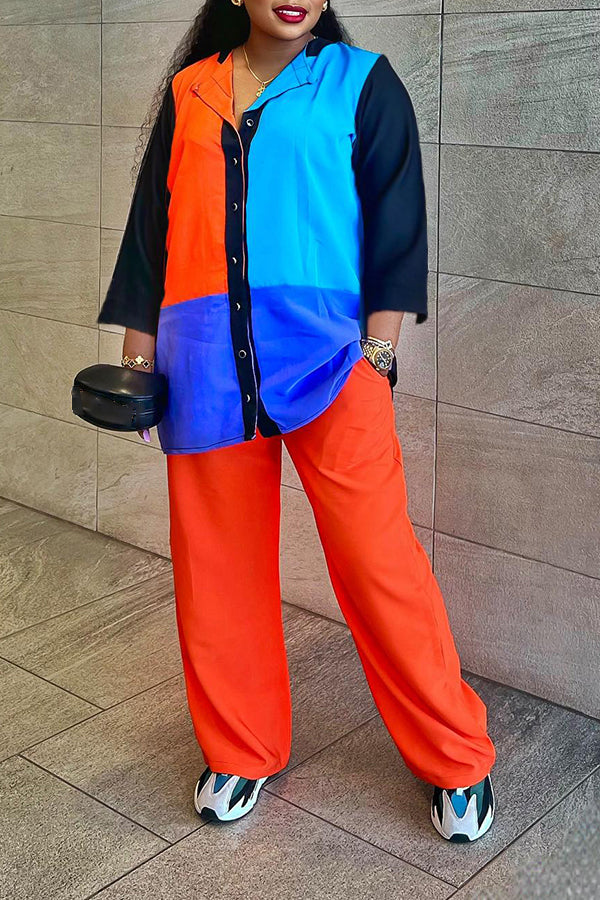 Casual Color Block Lapel Shirt & Pants Set