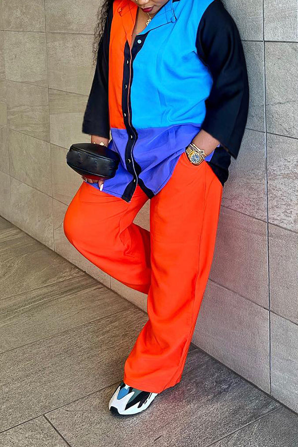 Casual Color Block Lapel Shirt & Pants Set