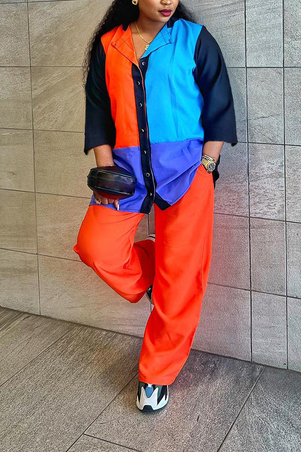 Casual Color Block Lapel Shirt & Pants Set