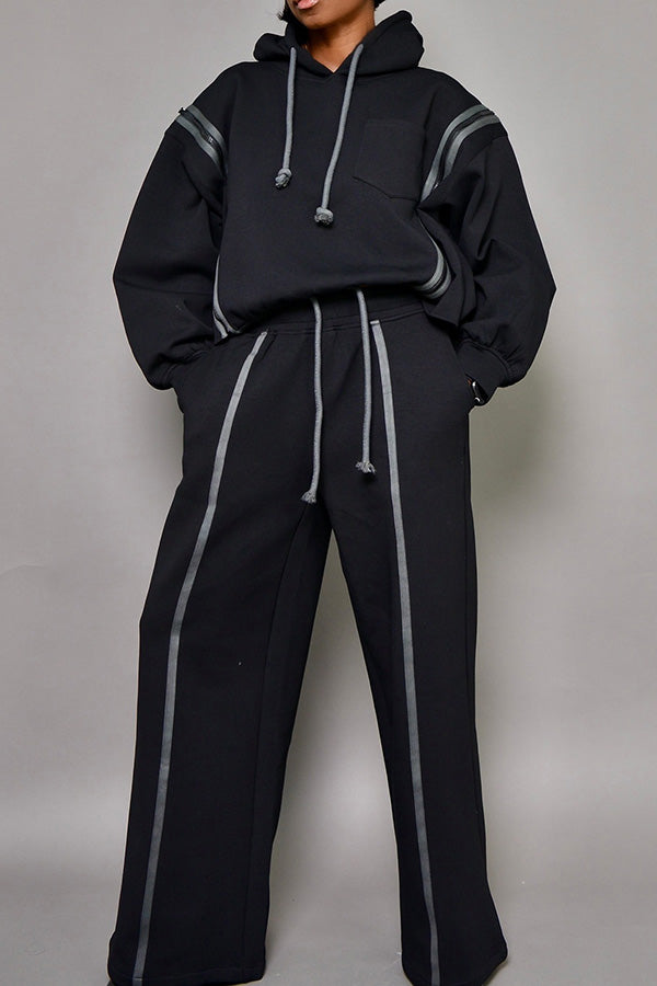 Casual Detachable Sleeves Hoodie & Wide Leg Pants Set