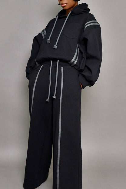 Casual Drawstring Hoodie & Wide Leg Pants Set