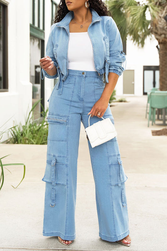 Stylish Flap Pocket Wide Leg Jeans