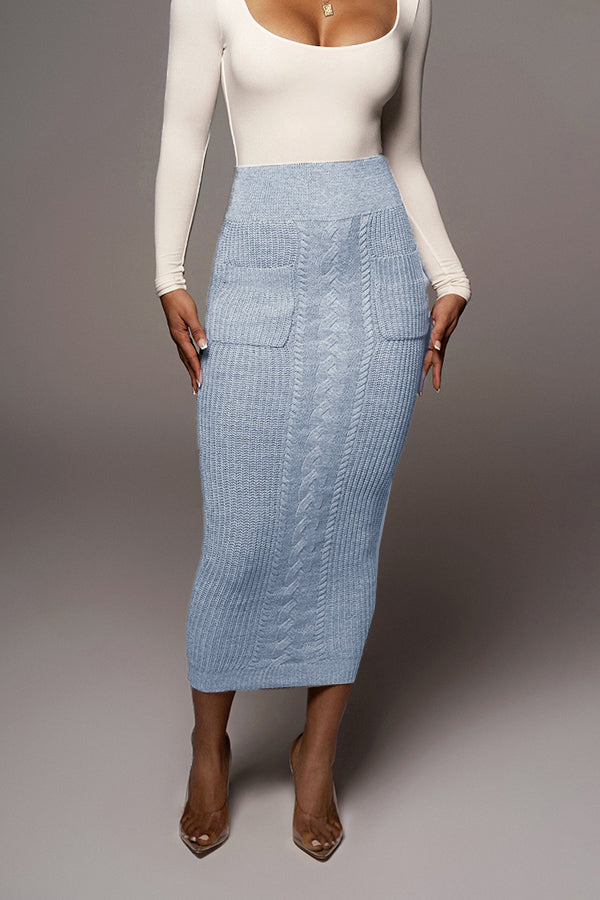 Stretchy Ribbed Knit Pocket Midi Skirt