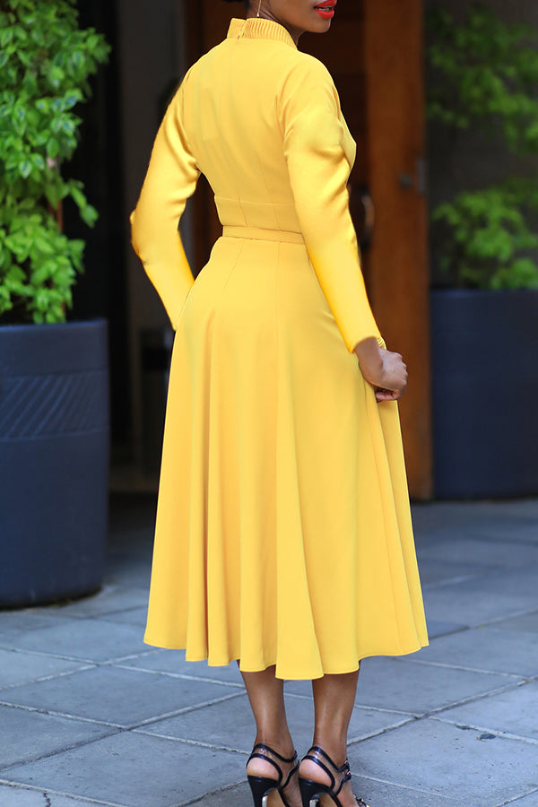 Elegant V-Neck Pleated Belted Dress